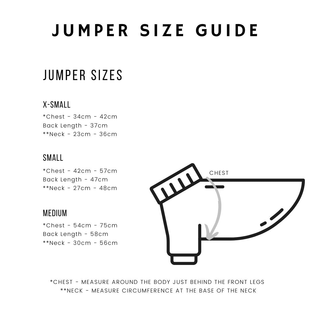 HETTY AND HUXLEY DOG JUMPER SIZE GUIDE